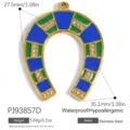 Gold-plated stainless steel horseshoe pendant with blue and green enamel detail - Blue Green Horseshoe (PJ93857D)