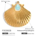 Gold-plated stainless steel scallop shell pendant with light blue enamel teardrop inlay - Blue Large Shell (PJ93860B)