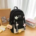 Zaino scolastico nero e beige con stelle di peluche e ciondolo a forma di coniglio. - con portachiavi / Nero