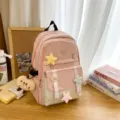 Zaino scolastico patchwork rosa e beige con simpatiche spille a stella in peluche - con portachiavi / Rosa