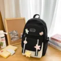 Großer schwarz-cremefarbener Schulrucksack mit süßen Stern- und Bären-Aufnähern - Einzelne Tasche / Schwarz