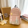 Rosa und cremefarbener Schulrucksack für Mädchen mit flauschigen Sternen-Dekorationen - Einzelne Tasche / Rosa