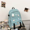 Zaino casual azzurro capiente per studenti con spille animali e ciondolo in peluche - con portachiavi / Verde