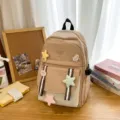 Ästhetischer beiger Schulrucksack für Mädchen mit süßen Plüschstern-Anhängern - Einzelne Tasche / Khaki