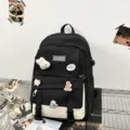 Sac à dos d'école patchwork noir et beige pour filles avec d'adorables pin's de dessin animé - Sac Unique / Noir