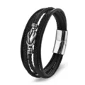 Men's multi-layer braided black leather bracelet with stainless steel magnetic clasp - 19cm / Steel
