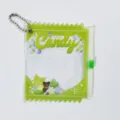 Close-up of clear PVC candy shaped badge holder pain bag detail with cute bear graphic. - Bear Green