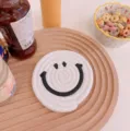 Cute woven cotton rope coaster with black smiley face design, heat-resistant table mat for home. - 12cm / White