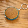 Handmade genuine leather mini tape measure keychain vintage embossed cowhide portable tool - Crazy Horse Blue & Carved (Round with Hook)