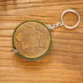 Handcrafted genuine leather mini tape measure keychain vintage floral embossed tool - Crazy Horse Green & Carved (Round with Hook)