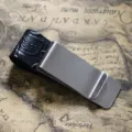 Stainless steel pen clip with black embossed leather loop, vintage style accessory for notebooks. - Stainless Steel - Engraved Black