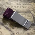Stainless steel metal money clip with purple embossed leather, vintage style pen holder. - Stainless Steel - Engraved Purple