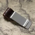 Stainless steel money clip with dark brown embossed leather pen holder, vintage style. - Stainless Steel - Engraved Coffee