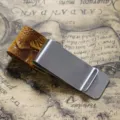 Stainless steel pen clip and money clip with embossed leather loop for traveler notebooks. - Stainless Steel - Engraved Yellow-Brown