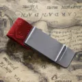Stainless steel money clip with red embossed floral leather loop, vintage style pocket wallet. - Stainless Steel - Carved Red