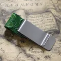 Stainless steel money clip with green carved leather, retro notebook accessory and bookmark. - Stainless Steel - Carved Green