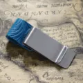 Stainless steel money clip and pen loop with blue embossed leather for notebook and cash. - Stainless Steel - Carved Blue