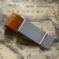 Stainless steel money clip with embossed brown leather sleeve, vintage style pen holder. - Stainless Steel - Carved Camel