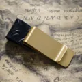 Brass metal money clip and black carved leather pen holder for vintage notebook lovers. - Brass - Carved Black