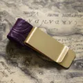Brass metal money clip and pen clip with purple embossed leather holder for vintage journals. - Brass - Carved Purple