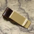 Brass metal money clip and brown leather pen holder for notebook, vintage desktop accessory - Brass - Carved Coffee