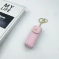Pink leather lipstick case keychain with gold hardware, portable mini makeup bag charm. - Pink