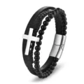 Men's multi-layer black braided leather bracelet with stainless steel cross charm and beads - Cross Style / 19cm / Steel