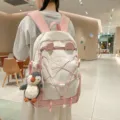 Großer weiß-pinker Schulrucksack mit süßen Katzenohren und flauschigem Pinguin-Anhänger - L / Mit Anhänger / Rosa