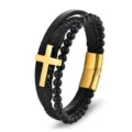 Men's black multilayer braided leather and beaded bracelet with gold stainless steel cross - Cross Style / 19cm / Gold