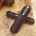 Vintage Echtleder Stiftetasche mit Metallclip, braunes Rindsleder Stiftetui retro. - 1er-Pack (Klein) / Kaffee Crazy Horse Leder