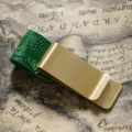 Vintage brass money clip with green embossed leather loop, perfect traveler notebook accessory. - Brass - Carved Green