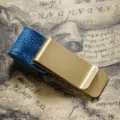 Brass money clip and blue leather pen holder for travelers notebook bookmark accessory. - Brass - Carved Blue