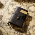 Vintage Black Leather Travel Notebook Journal with Metal Camera Charm and Brass Clip Variant - Passport Size / Black