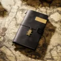 Vintage black leather traveler notebook diary handmade cowhide journal with bear charm. - Portable Size / Black