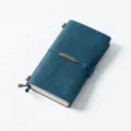 Vintage leather traveler's notebook diary journal with metal quote plate and elastic band. - Portable Size / Crazy Horse Blueish
