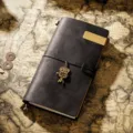 Vintage black leather traveler notebook with camera charm, handmade journal planner. - Regular Fit / Black