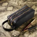 Genuine leather pencil case large capacity double zipper vintage pen pouch stationery bag - Crazy Horse Black