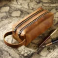 Vintage genuine leather pencil case with double zippers and handle, large capacity stationery bag. - Crazy Horse Brown