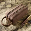 Vintage genuine leather pencil case double layer large capacity stationery pouch for men. - Crazy Horse Coffee