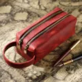 Vintage genuine leather double zipper pencil case red stationery storage pouch desk - Crazy Horse Wine Red