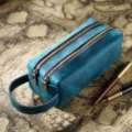 Genuine leather pencil case large capacity double zipper pouch retro stationery organizer - Crazy Horse Blueish
