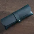Dark green leather pencil case retro style top layer cowhide pen pouch stationery box - Crazy Horse Blueish