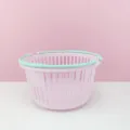 Pink cute small plastic storage basket with green handle desktop cosmetic organizer box. - Round / Pink
