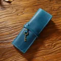 Vintage genuine leather roll pencil case in blue, artistic multi-functional pen storage pouch. - Crazy Horse Blueish