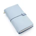 Quaderno da viaggio in pelle azzurra con chiusura elastica e pagine interne vuote. - Taccuino da viaggio in pelle cerata nebbia bianca / Cera nebbia bianca blu cielo - misura da tasca