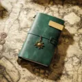 Vintage dark green leather travel journal notebook with sun charm and metal clip. - Portable Size / Dark Green