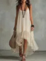 Bohemian style casual solid color spaghetti strap dress detail view showcasing layered hem. - S / Dresses / Apricot