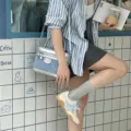 Elegante bolso de maquillaje en denim azul estilo coreano con colgantes de estrellas - Azul Denim