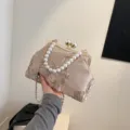 Elegant champagne evening clutch bag with 3D floral lace, pearl handle and gold chain - Khaki