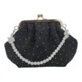Elegant black embroidered evening clutch bag with pearl chain and rhinestone accents - Rose Pattern (Black)